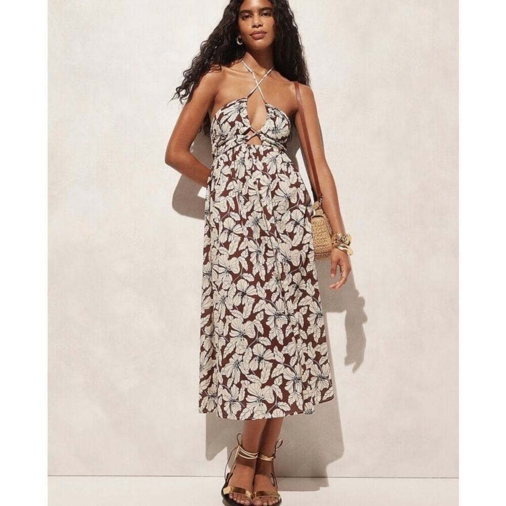 J. Crew Cutout Halter Floral Cotton Voile Midi Dress Brown Ivory Size Small